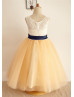 Ivory Lace Champagne Tulle Tea Length Flower Girl Dress